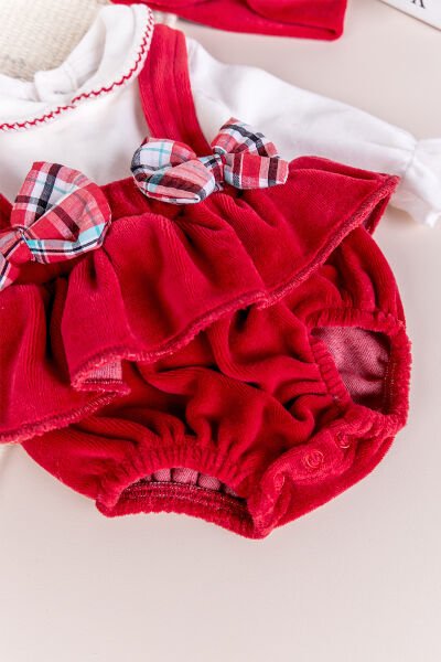 Fiyonklu Bandanalı Kadife Kız Bebek Tulum Salopet Bebek Elbise