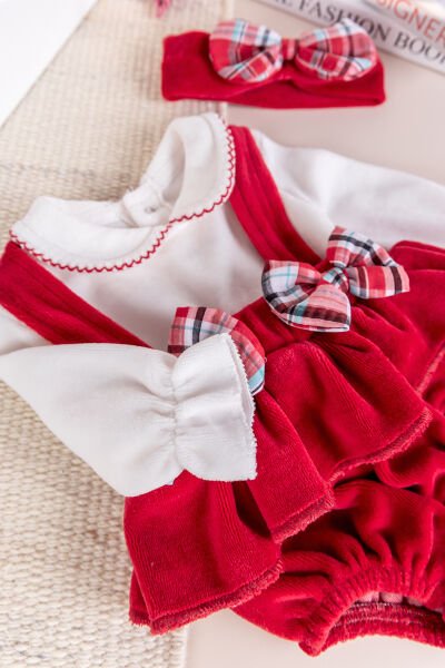 Fiyonklu Bandanalı Kadife Kız Bebek Tulum Salopet Bebek Elbise