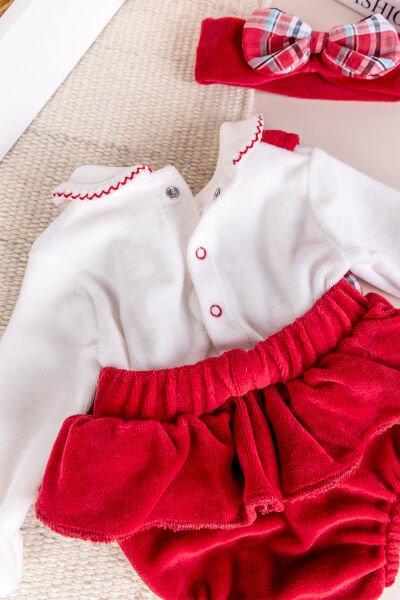 Fiyonklu Bandanalı Kadife Kız Bebek Tulum Salopet Bebek Elbise