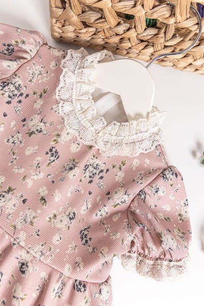 Vintage Model Güpürlü Kısa Kollu Kız Çocuk Elbise PEMBE - 2 Yaş