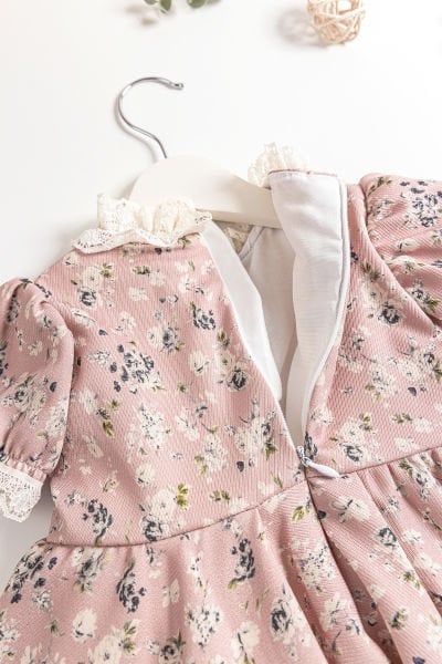 Vintage Model Güpürlü Kısa Kollu Kız Çocuk Elbise PEMBE - 2 Yaş