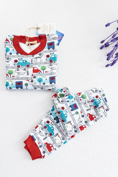 Araba Baskılı Önden Çıt Çıtlı Erkek Çocuk Pijama Takımı