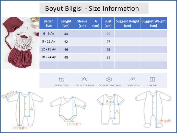 Dantelli Şapkalı Müslin Kız Bebek Tulum BORDO -  6-9 AY