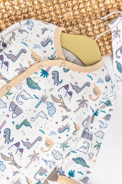 Dino Figürlü 2'li Uzun Kollu Kız/Erkek Bebek Tulum Takım BEJ - 3-6 AY