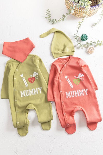 I Love Mummy Baskılı 2'li Uzun Kollu Kız/Erkek Bebek Tulum Takım YEŞİL -  0-3 AY