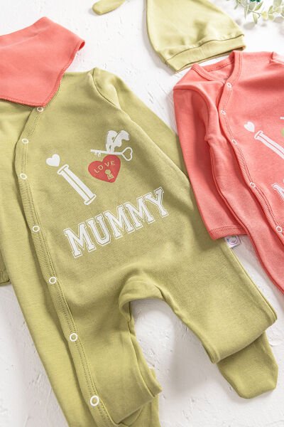 I Love Mummy Baskılı 2'li Uzun Kollu Kız/Erkek Bebek Tulum Takım YEŞİL -  0-3 AY