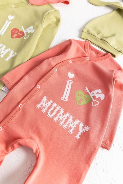 I Love Mummy Baskılı 2'li Uzun Kollu Kız/Erkek Bebek Tulum Takım YEŞİL -  0-3 AY