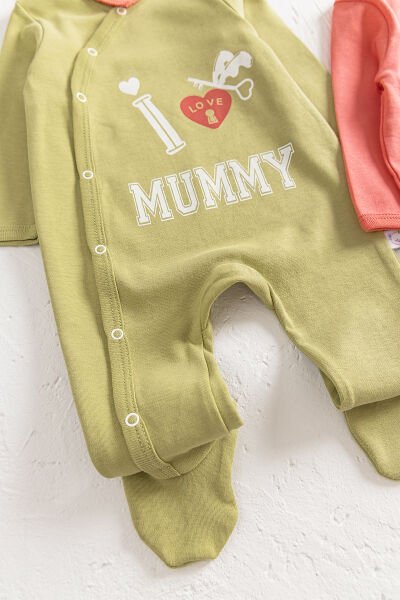 I Love Mummy Baskılı 2'li Uzun Kollu Kız/Erkek Bebek Tulum Takım YEŞİL -  0-3 AY