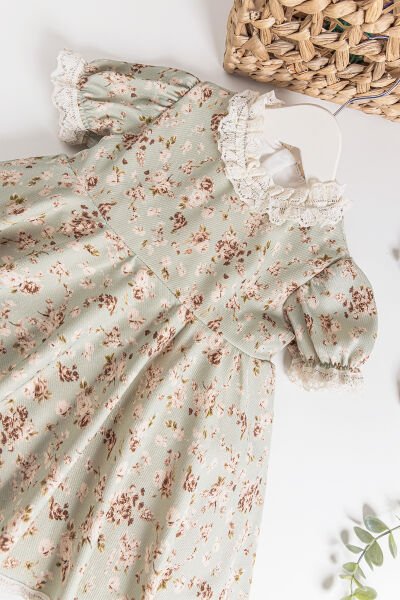 Vintage Model Güpürlü Kısa Kollu Kız Çocuk Elbise YEŞİL - 1 Yaş