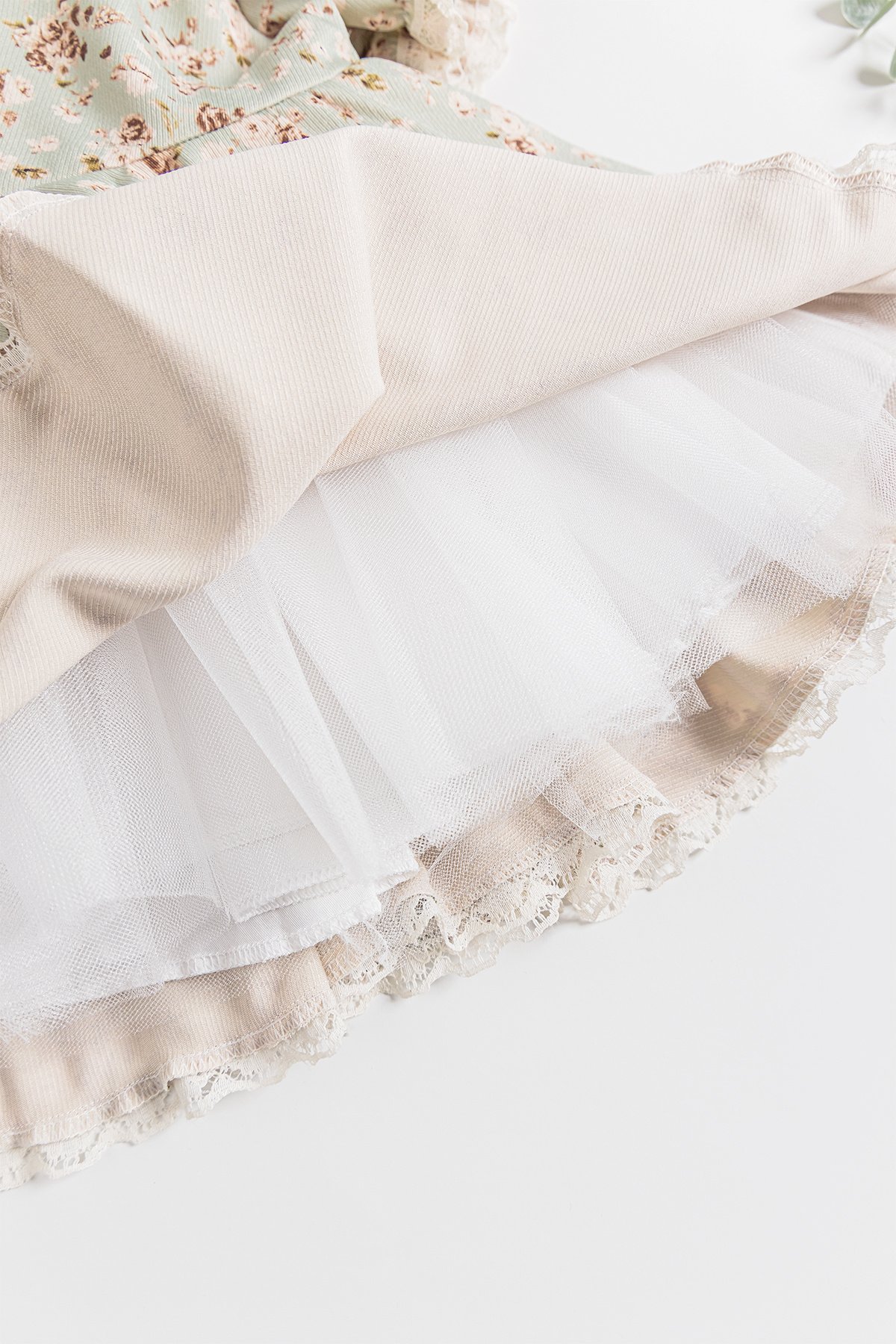 Vintage Model Güpürlü Kısa Kollu Kız Çocuk Elbise YEŞİL - 1 Yaş