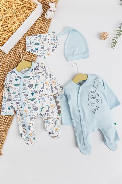 Dino Figürlü 2'li Uzun Kollu Kız/Erkek Bebek Tulum Takım MAVİ - 3-6 AY