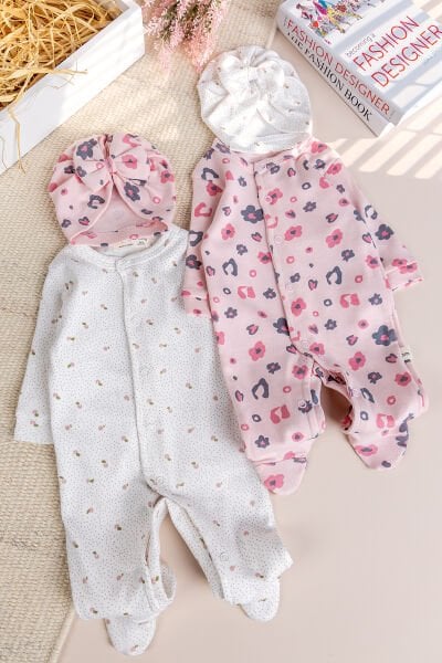Çiçek Desenli Şapkalı 2'li %100 Kız Bebek Tulum