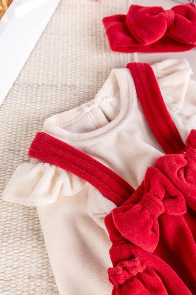 Fiyonklu Bandanalı Kadife Kız Bebek Tulum Salopet Bebek Elbise