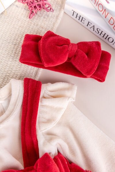 Fiyonklu Bandanalı Kadife Kız Bebek Tulum Salopet Bebek Elbise