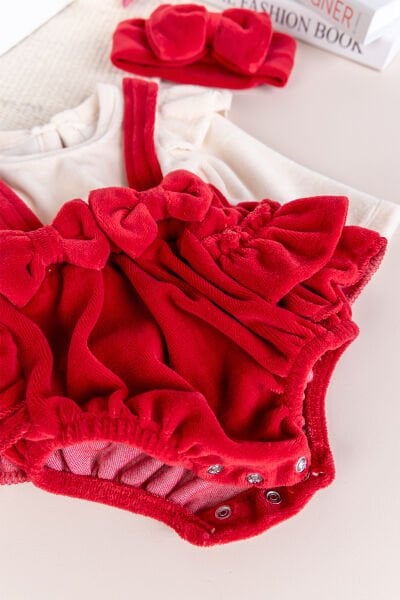 Fiyonklu Bandanalı Kadife Kız Bebek Tulum Salopet Bebek Elbise