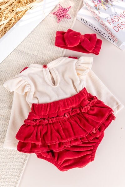 Fiyonklu Bandanalı Kadife Kız Bebek Tulum Salopet Bebek Elbise