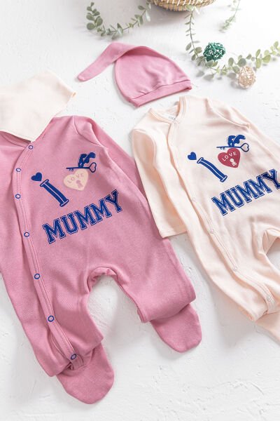 I Love Mummy Baskılı 2'li Uzun Kollu Kız/Erkek Bebek Tulum Takım PEMBE -  0-3 AY