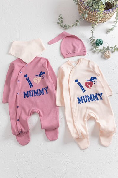 I Love Mummy Baskılı 2'li Uzun Kollu Kız/Erkek Bebek Tulum Takım PEMBE - 3-6 AY