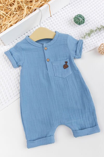 Erkek Bebek Müslin %100 Pamuk Şortlu Yazlık  Tulum MAVİ - 3 Ay