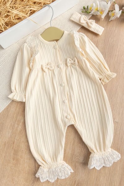 Güpürlü Fiyonklu  %100 Pamuk Penye Kız Bebek Tulum