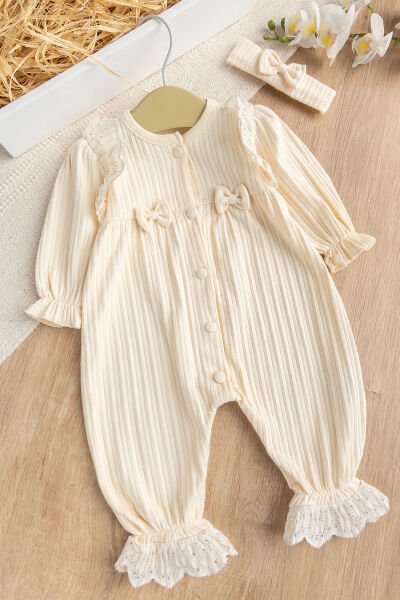 Güpürlü Fiyonklu  %100 Pamuk Penye Kız Bebek Tulum