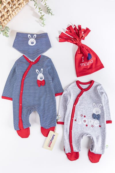 Tavşan Figürlü Uzun Kollu İkili Kız/Erkek Bebek Tulum Takımı LACİVERT -  0-3 AY