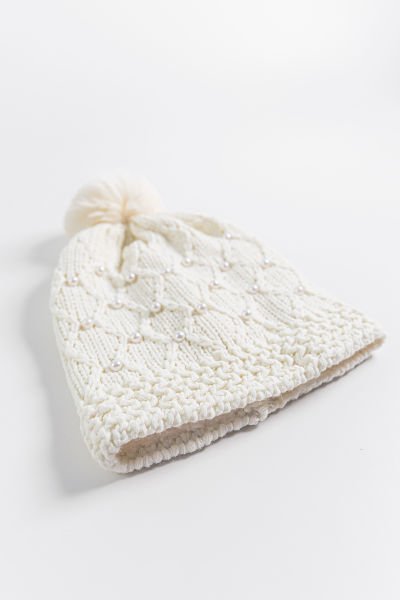 İnci Süslemeli Ponponlu 9-15 Yaş Kız Çocuk Bere KREM - 9-15 Yaş