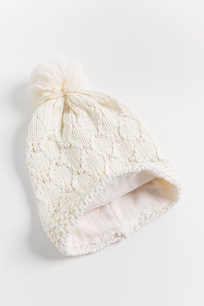 İnci Süslemeli Ponponlu 9-15 Yaş Kız Çocuk Bere KREM - 9-15 Yaş