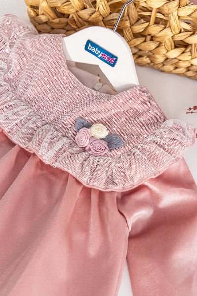 Yakası Tül Detaylı Kadife Bebek Elbise
