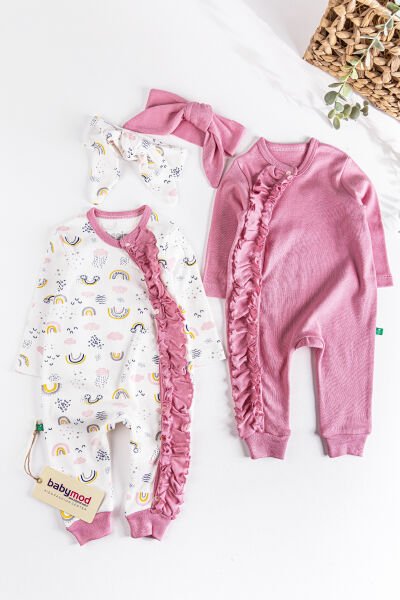 Fırfırlı Gökkuşağı Desenli İkili Uzun Kollu Kız Bebek Tulum Takım Gül kurusu - 3-6 AY