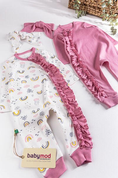Fırfırlı Gökkuşağı Desenli İkili Uzun Kollu Kız Bebek Tulum Takım Gül kurusu - 3-6 AY