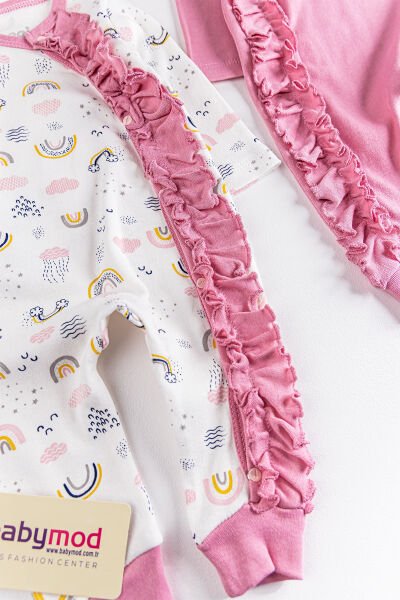 Fırfırlı Gökkuşağı Desenli İkili Uzun Kollu Kız Bebek Tulum Takım Gül kurusu - 3-6 AY