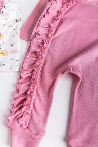 Fırfırlı Gökkuşağı Desenli İkili Uzun Kollu Kız Bebek Tulum Takım Gül kurusu - 3-6 AY