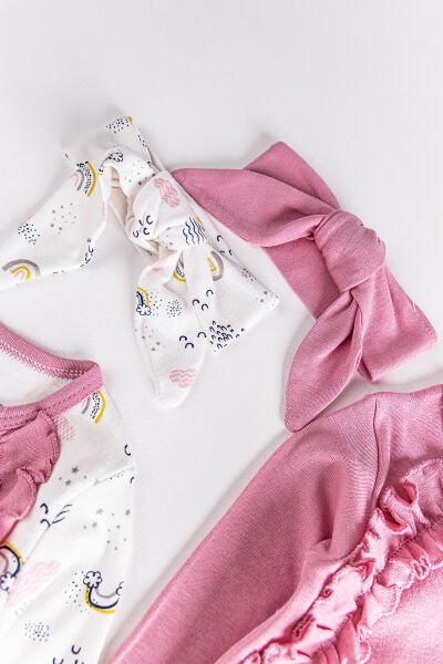 Fırfırlı Gökkuşağı Desenli İkili Uzun Kollu Kız Bebek Tulum Takım Gül kurusu - 3-6 AY