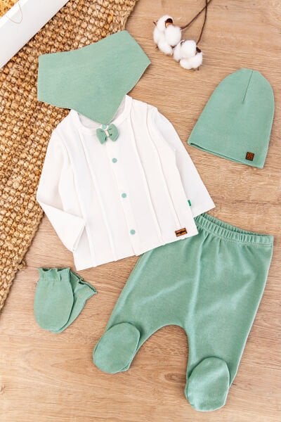 Papyonlu Pamuklu 5 Parça Erkek Bebek Hastane Çıkışı Bebek Takımı