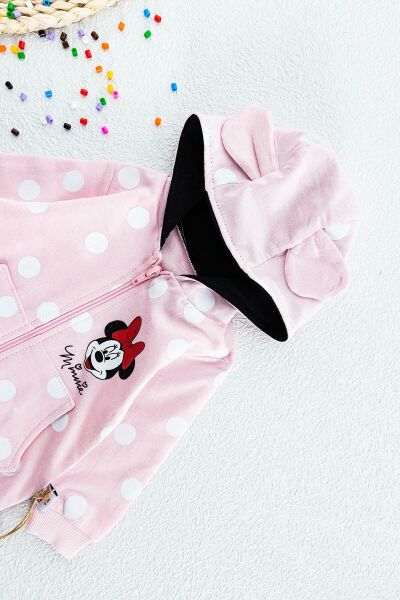 Minnie Mouse Figürlü Kapüşonlu Kız Bebek Tulum PEMBE -  9-12 AY
