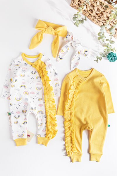 Fırfırlı Gökkuşağı Desenli İkili Uzun Kollu Kız Bebek Tulum Takım SARI - 3-6 AY