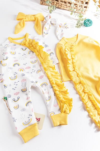 Fırfırlı Gökkuşağı Desenli İkili Uzun Kollu Kız Bebek Tulum Takım SARI - 3-6 AY