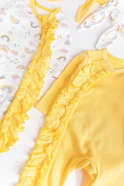 Fırfırlı Gökkuşağı Desenli İkili Uzun Kollu Kız Bebek Tulum Takım SARI - 3-6 AY