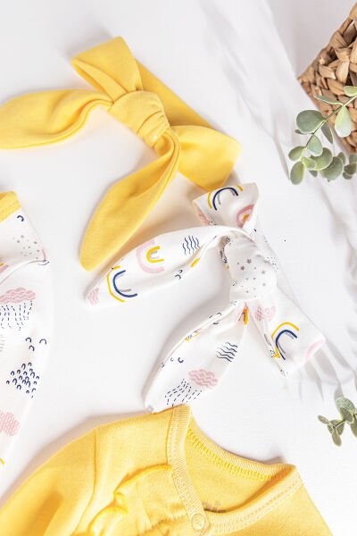 Fırfırlı Gökkuşağı Desenli İkili Uzun Kollu Kız Bebek Tulum Takım SARI - 3-6 AY