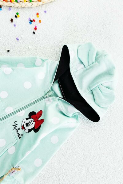 Minnie Mouse Figürlü Kapüşonlu Kız Bebek Tulum SU YEŞİLİ - 3-6 AY