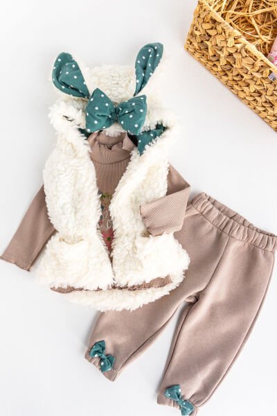 Peluş Yelekli Üçlü Kışlık Kız Bebek Takım