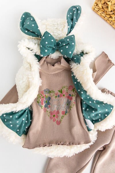 Peluş Yelekli Üçlü Kışlık Kız Bebek Takım