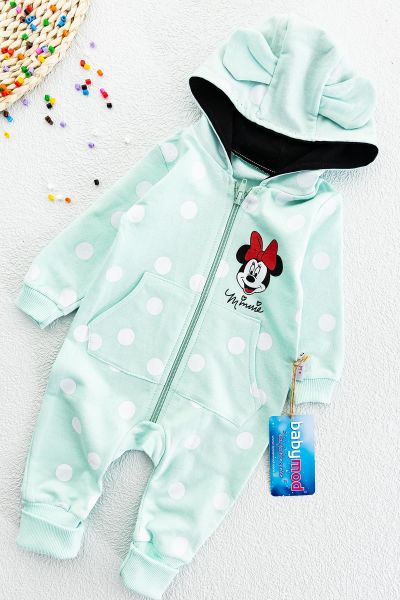 Minnie Mouse Figürlü Kapüşonlu Kız Bebek Tulum SU YEŞİLİ -  6-9 AY