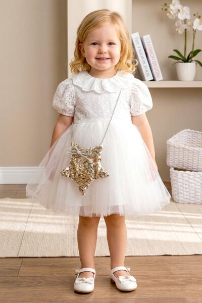 Çantalı Fisto Yakalı 100% Pamuk Kız Bebek Çocuk Elbise Ekru