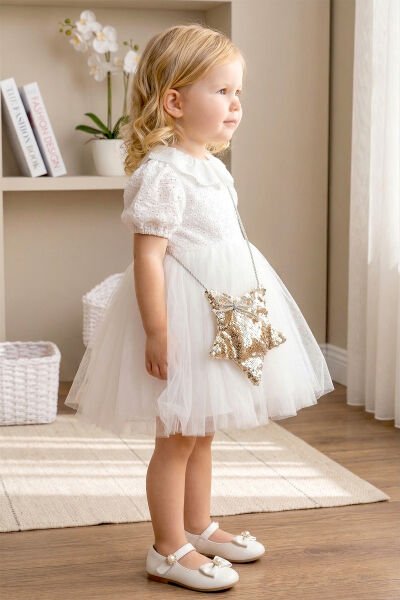 Çantalı Fisto Yakalı 100% Pamuk Kız Bebek Çocuk Elbise Ekru