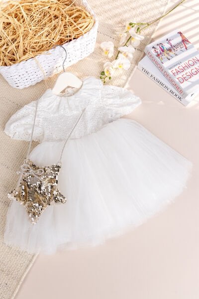 Çantalı Fisto Yakalı 100% Pamuk Kız Bebek Çocuk Elbise Ekru