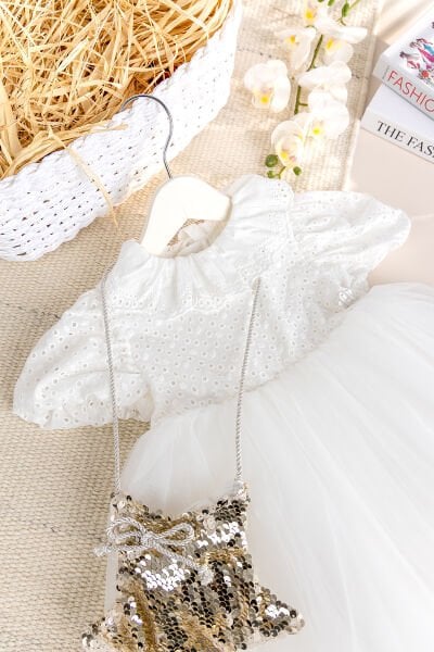 Çantalı Fisto Yakalı 100% Pamuk Kız Bebek Çocuk Elbise Ekru