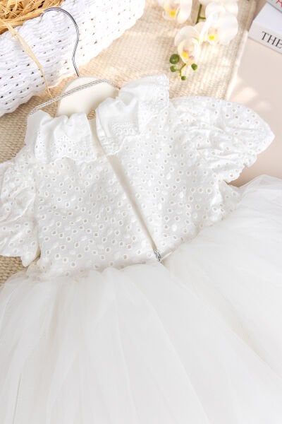 Çantalı Fisto Yakalı 100% Pamuk Kız Bebek Çocuk Elbise Ekru