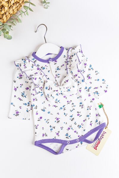 Çiçekli Fiyonklu Kız Bebek Tulum Bebek Body LİLA - 3-6 AY